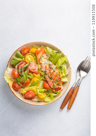 Grilled salmon fillet with fresh vegetables tomatoes salad on a plate top view, dieting and healthy food 119911508