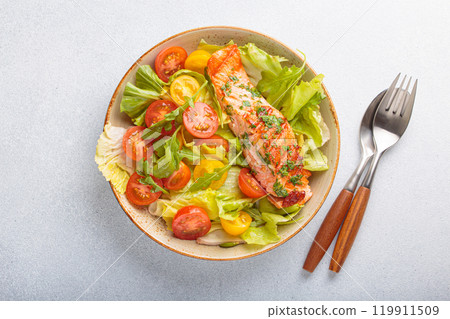 Grilled salmon fillet with fresh vegetables tomatoes salad on a plate top view, dieting and healthy food 119911509