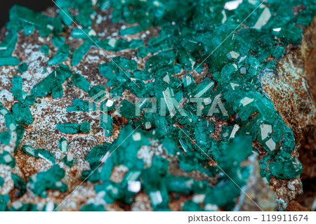 macro mineral stone Dioptase on a gray background 119911674