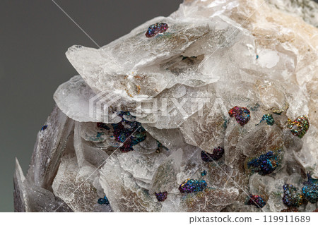 Macro Calcite Stone Minerals with Chalcopyrite on a Gray Background 119911689