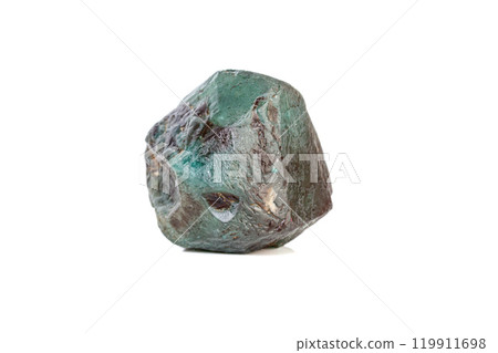 macro mineral stone alexandrite bluish - green with fluorescent light on a white background 119911698