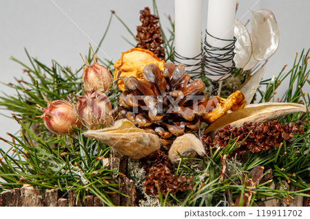 Christmas composition of flowers and Christmas decorations Christmas composition of flowers and Christmas decorations 119911702