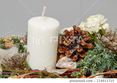 Christmas composition of flowers and Christmas decorations Christmas composition of flowers and Christmas decorations 119911725