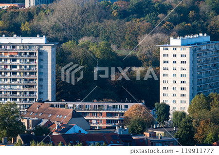 High angle panorama over social housing blocks with green surroundings in Ganshoren Brussels Capital Region, Belgium, OCT 24, 2024 High angle panorama over social housing blocks with green surroundings in Ganshoren Brussels Capital Region, Belgium, OCT 24, 2024 119911777
