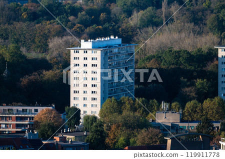 High angle panorama over social housing blocks with green surroundings in Ganshoren Brussels Capital Region, Belgium, OCT 24, 2024 High angle panorama over social housing blocks with green surroundings in Ganshoren Brussels Capital Region, Belgium, OCT 24, 2024 119911778