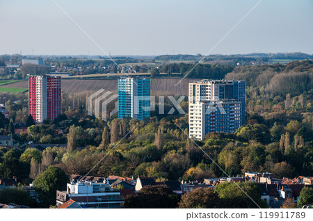 High angle panorama over the Brussels skyline and green suburbs with colorful apartment blocks in Ganshoren, Brussels Capital Region, Belgium, OCT 24, 2024 119911789