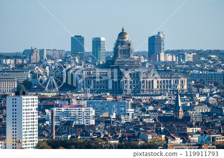 High angle panorama over the Brussels skyline city center, with the ferry wheel and the court house, Brussels Capital Region, Belgium, OCT 24, 2024 119911793