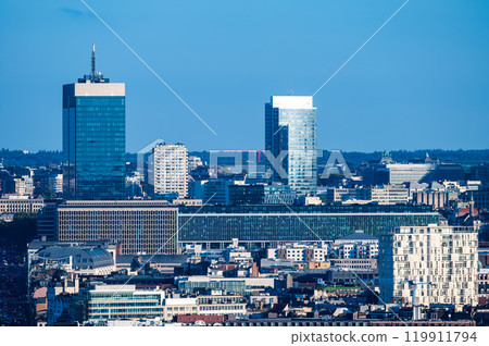 High angle panorama over the Brussels skyline with the finance tower and the business district, Brussels Capital Region, Belgium, OCT 24, 2024 119911794