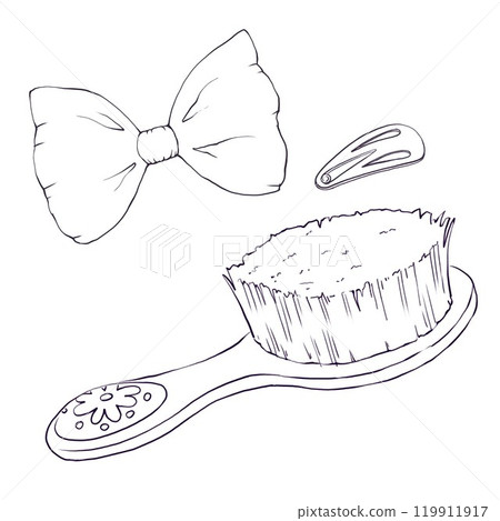 Hair accessories. Vector graphic illustration of vintage brush, bow and hairpin. Antique wooden hairbrush in Victorian style. Linear sign for coloring book or logo. Girly tools for creating hairstyle. 119911917