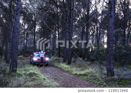 Car and adult woman lost in wooded area trying to orient herself at dusk. Car and adult woman lost in wooded area trying to orient herself at dusk. 119911948