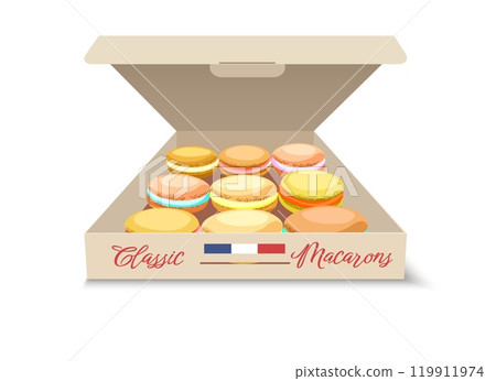 Macarons in open cardboard package Macarons in open cardboard package 119911974
