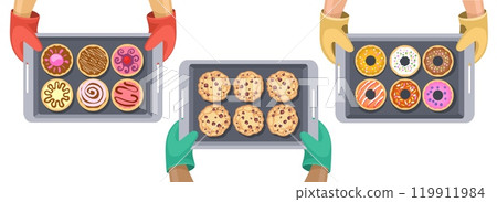 Baking trays in oven mitten hands 119911984