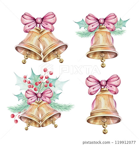 Watercolor christmas set of jingle golden bells with bow, with holly green leaves, red berries and fir. Isolated. Winter composition, decor. Illustration hand drawn for design, printing, greeting 119912077