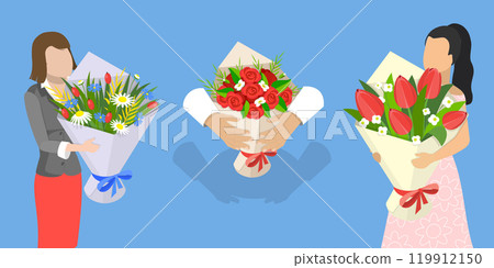 3D Isometric Flat Vector Illustration of Romantic Floral Gifts, Gorgeous Bouquets Of Flowers 119912150