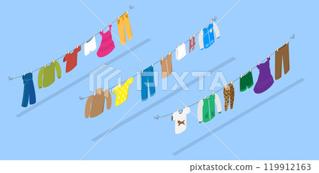 3D Isometric Flat Vector Illustration of Clothes Ropes, Drying Accessories after Washing 119912163