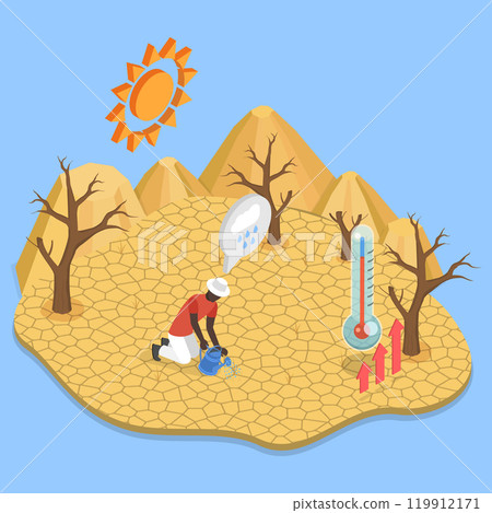 3D Isometric Flat Vector Illustration of Drought, Extreme Wzeather Conditions, Lack of Rainfall 119912171