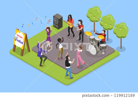 3D Isometric Flat Vector Illustration of Entertainment Event, Singing and Dance Party With Friends 119912189