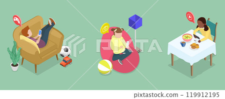 3D Isometric Flat Vector Illustration of Children Gadget Addiction, Kids Online Entertainment 119912195