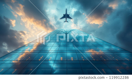 A high-rise glass building with an airplane flying overhead against a dramatic cloudy sky, symbolizing travel and modern architecture 119912286