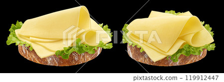 Gouda slices on white bread, cheese sandwich with salad leaves isolated on black background, full depth of field Gouda slices on white bread, cheese sandwich with salad leaves isolated on black background, full depth of field 119912447