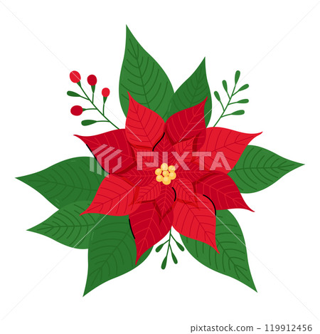 Poinsettia flower vector illustration. Vibrant red petals and green leaves. Cute Christmas celebration symbol, holiday decor. Traditional Xmas home ornament 119912456