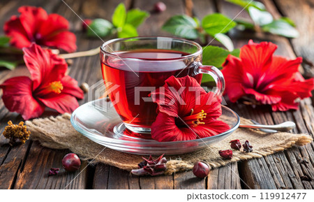 Red karkade tea in a glass cup on a wooden table 119912477