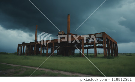 Landscape with an abandoned unfinished factory in overcast weather 119912591