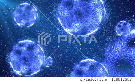 A vibrant depiction of floating blue spheres in a cosmic environment, resembling microscopic particles or cells in a glowing, ethereal space 119912598