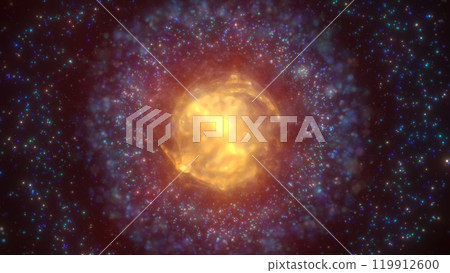 A golden, luminous nebula sphere with surrounding star-like particles in a cosmic space scene, exuding warmth and mystique background 119912600
