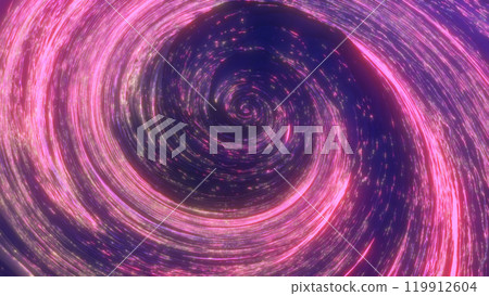 Vivid neon swirl of pink and purple lights forming a vortex in deep space, conveying energy and cosmic motion. Perfect for futuristic and science fiction concepts 119912604