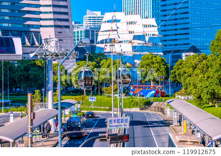 Yokohama cityscape in Japan - View of the Nippon Maru with full sails, amphibious buses, ropeway, etc. from Sakuragicho Station on the 3rd Yokohama cityscape in Japan - View of the Nippon Maru with full sails, amphibious buses, ropeway, etc. from Sakuragicho Station on the 3rd 119912675