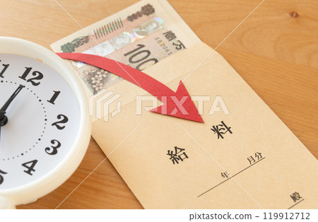 工資袋、時鐘和向下箭頭-實際工資 119912712