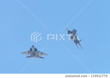 Japan Air Self-Defense Force's F-15s performing a break from formation flight 119912779