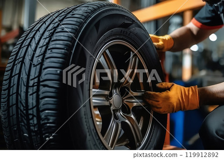 Mechanic installing new car tire on alloy wheel in auto repair shop 119912892