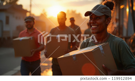 Volunteers bringing boxes of food and water to people in need after natural disaster 119912894