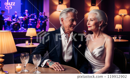 Elegant couple enjoying live jazz music in a sophisticated lounge bar 119912902