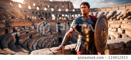 Roman legionary guarding colosseum amphitheater in rome, italy 119912915