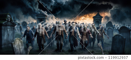 Horde of zombies walking in a cemetery at sunset 119912937