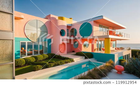 Postmodern beach house with swimming pool overlooking ocean at sunset 119912954