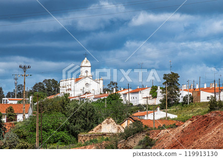 The abandoned Mine in Minas de Sao Domingos Village in Alentejo Portugal. The abandoned Mine in Minas de Sao Domingos Village in Alentejo Portugal. 119913130