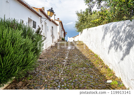 View of the village of Mertola with its white houses and narrow streets. Alentejo Region. Portugal View of the village of Mertola with its white houses and narrow streets. Alentejo Region. Portugal 119913141