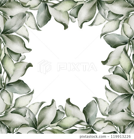 Watercolor invitation green leaves. Hand drawn of botanical background on for greeting cards or invitations on Valentines Day. Elegant, sumptuous framework for Wedding cards. 119913226