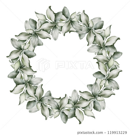 Green Wreath with leaves on isolated background. Watercolor Drawing of round Frame for wedding greeting cards or invitations. Botanical decoration for holiday and Event Invitations. Herbal chaplet. Green Wreath with leaves on isolated background. Watercolor Drawing of round Frame for wedding greeting cards or invitations. Botanical decoration for holiday and Event Invitations. Herbal chaplet. 119913229