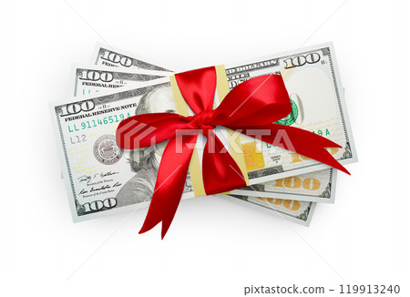 Thirty Thousand Dollars Stack of One Hundred Dollar Bills Wrapped in a Red Bow Isolated on a White Background. Thirty Thousand Dollars Stack of One Hundred Dollar Bills Wrapped in a Red Bow Isolated on a White Background. 119913240