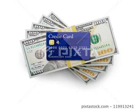 Fifty Thousand Dollars Stack of One Hundred Dollar Bills with a Credit Card on Top Isolated on a White Background. Fifty Thousand Dollars Stack of One Hundred Dollar Bills with a Credit Card on Top Isolated on a White Background. 119913241