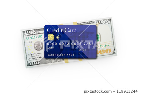 Ten Thousand Dollars Stack of One Hundred Dollar Bills with a Credit Card on Top Isolated on a White Background. 119913244