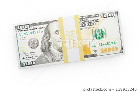 Ten Thousand Dollars Stack of One Hundred Dollar Bills Isolated on a White Background. 119913246