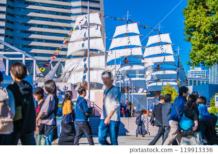 Yokohama cityscape in Japan, with a view of the Nippon Maru with full sails and the Yokohama Landmark Tower (far left) on November 3rd 119913336