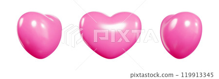 Pink glossy heart balloons set with different angles of view. Realistic 3d vector clean romantic icons showing love symbols. Ideal for Valentine or Mother day decorations or greeting cards. 119913345