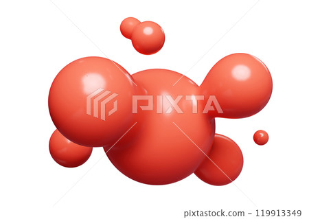 Red abstract liquid metaball shape. 3d render illustration of fluid soft bubble blob. Organic bright decorative sphere geometric form. Morphing ball aqua drop or molecule. Flow particles. Red abstract liquid metaball shape. 3d render illustration of fluid soft bubble blob. Organic bright decorative sphere geometric form. Morphing ball aqua drop or molecule. Flow particles. 119913349